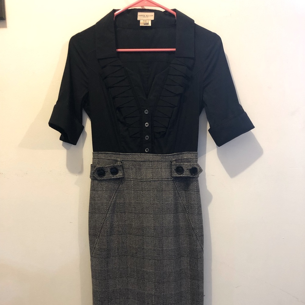 Karen Millen Black & Houndstooth Pencil Skirt & Ruffle Blouse Dress